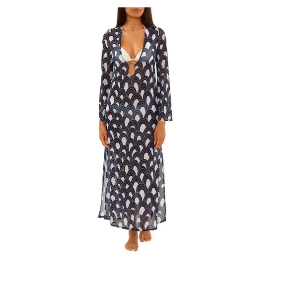 Trina Turk Navy & White Sheer Maxi Swim Cover-Up wGold Ring Detail Size L NWT